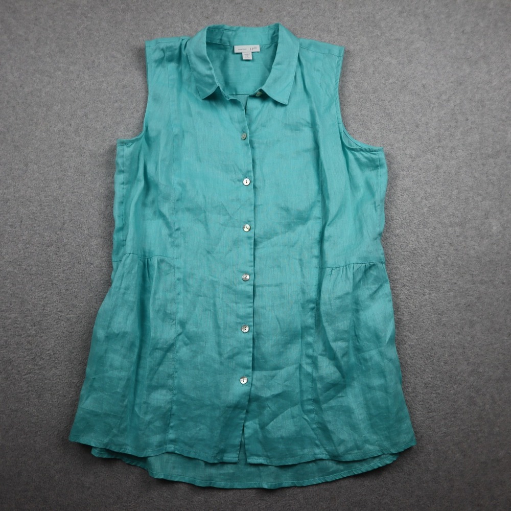 J. Jill Tunic Women S Petite Love Linen Teal Sleeveless Peplum Button Down Top